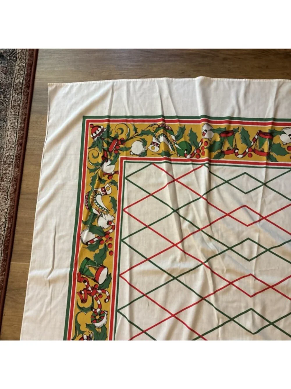 Vintage Large Christmas Tablecloth Red Green & Gold Border Size 81 X 60